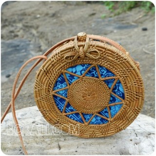 blue fabric rattan round circles sling bags motif handwoven